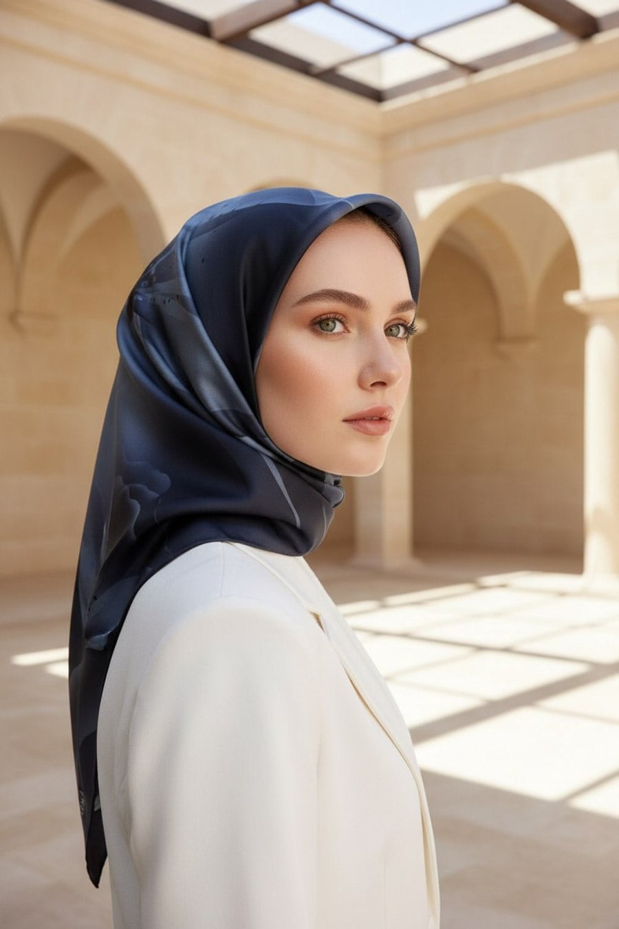 %100 Twill İpek Çiçek Desenli İndigo Renkli 90x90 Eşarp Dikim Şekli : El Dikişi