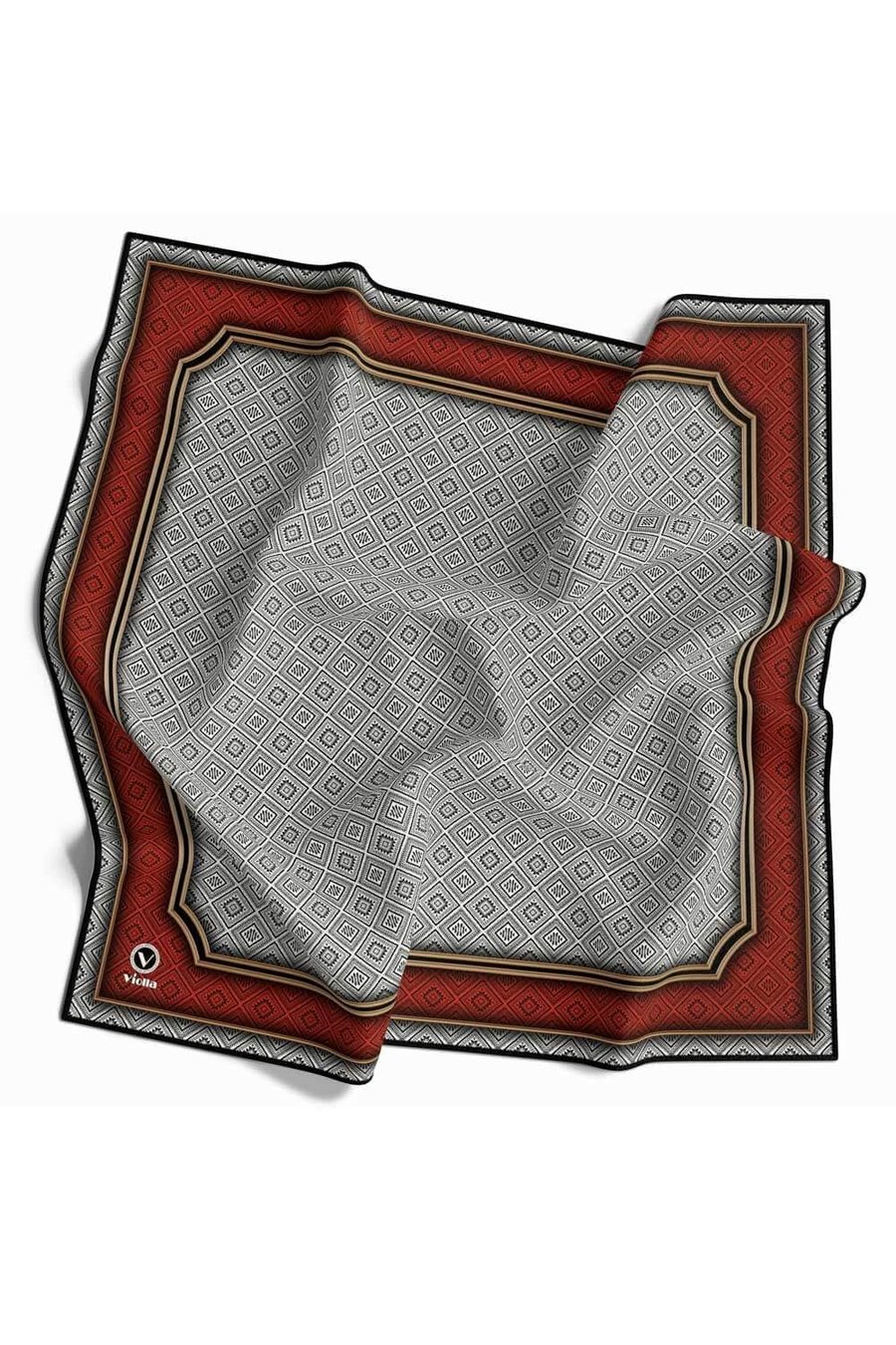 Twill Geometrik Çıtır Desenli Kırmızı Renkli 90x90 Eşarp (İpek İçermez) Kenar Dikiş Şekli El Dikişli
