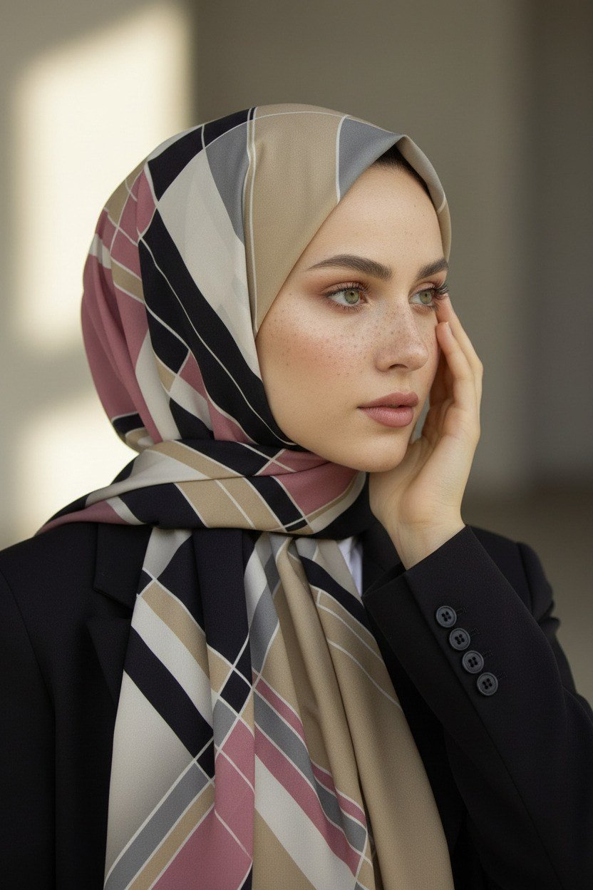 KREP GEOMETRİK DESENLİ PUDRA RENKLİ 75X195 KIRIŞMAZ ŞAL