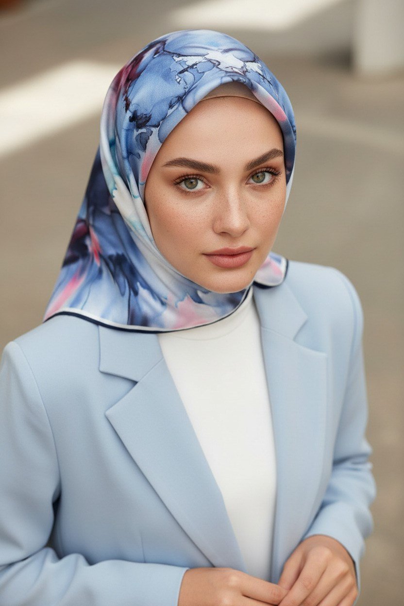 % 57 İPEK % 43 VİSKON Twill İpek Batik Çiçek Desenli Bebe Mavisi - Pudra Renkli 90x90 Eşarp Kenar Dikiş Şekli El Dikişli