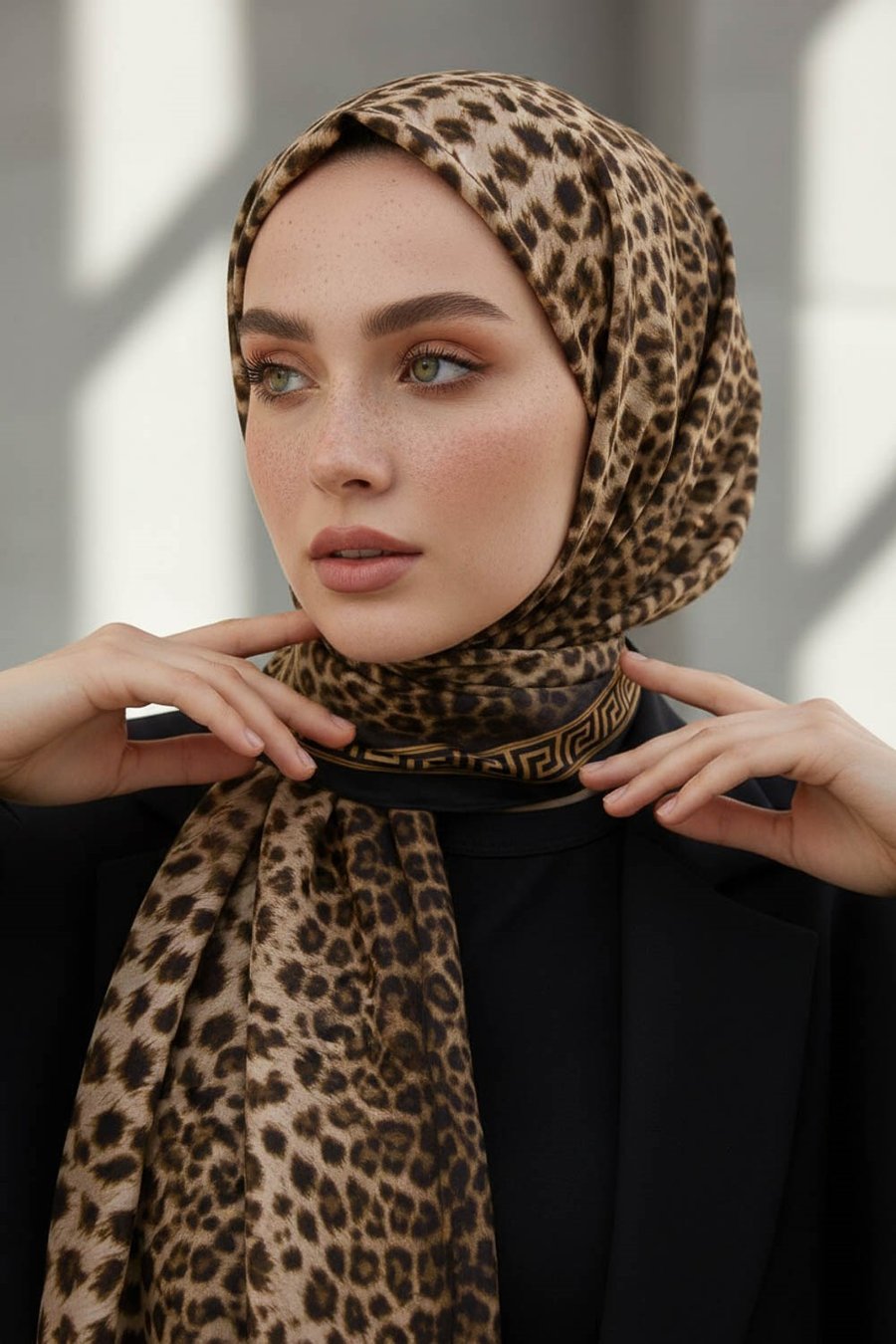 KREP BAROK BARDÜRLÜ LEOPAR DESENLİ HARDAL - SİYAH RENKLİ 75X195 KIRIŞMAZ ŞAL