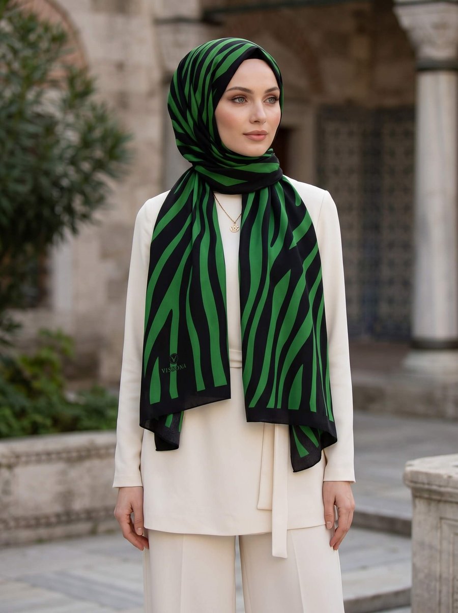 Kırışmaz Krep Şal Zebra Desenli Siyah Zümrüt Yeşili Kaymaz Kolay Şekil Alan 75x195 cm