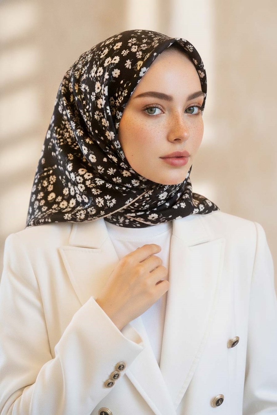 %100 Twill İpek Çıtır Çiçek Desenli Siyah - Krem Renkli 90x90 Eşarp Dikim Şekli : El Dikişi