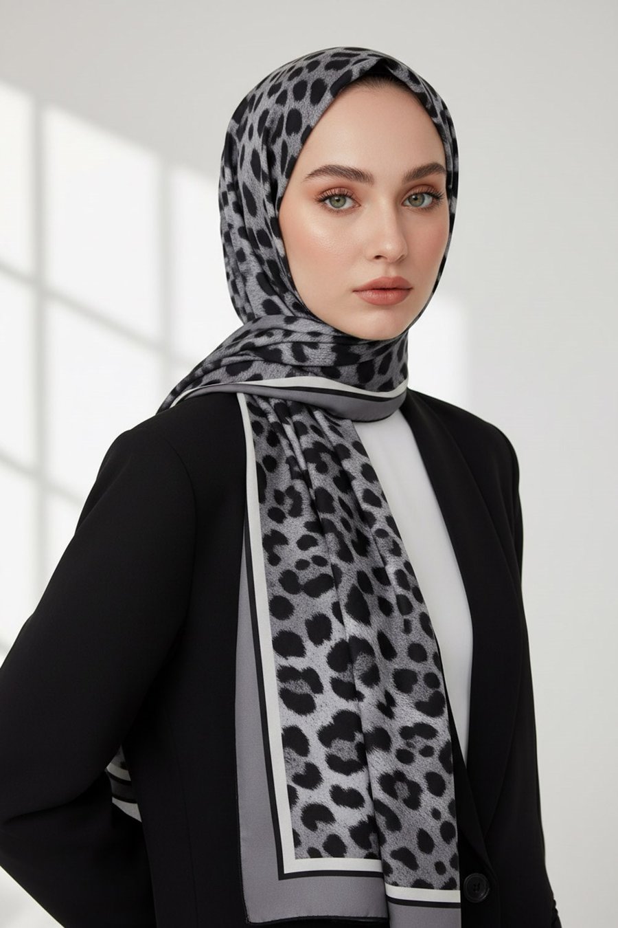 KREP LEOPAR DESENLİ GÜMÜŞ RENKLİ 75X195 KIRIŞMAZ ŞAL