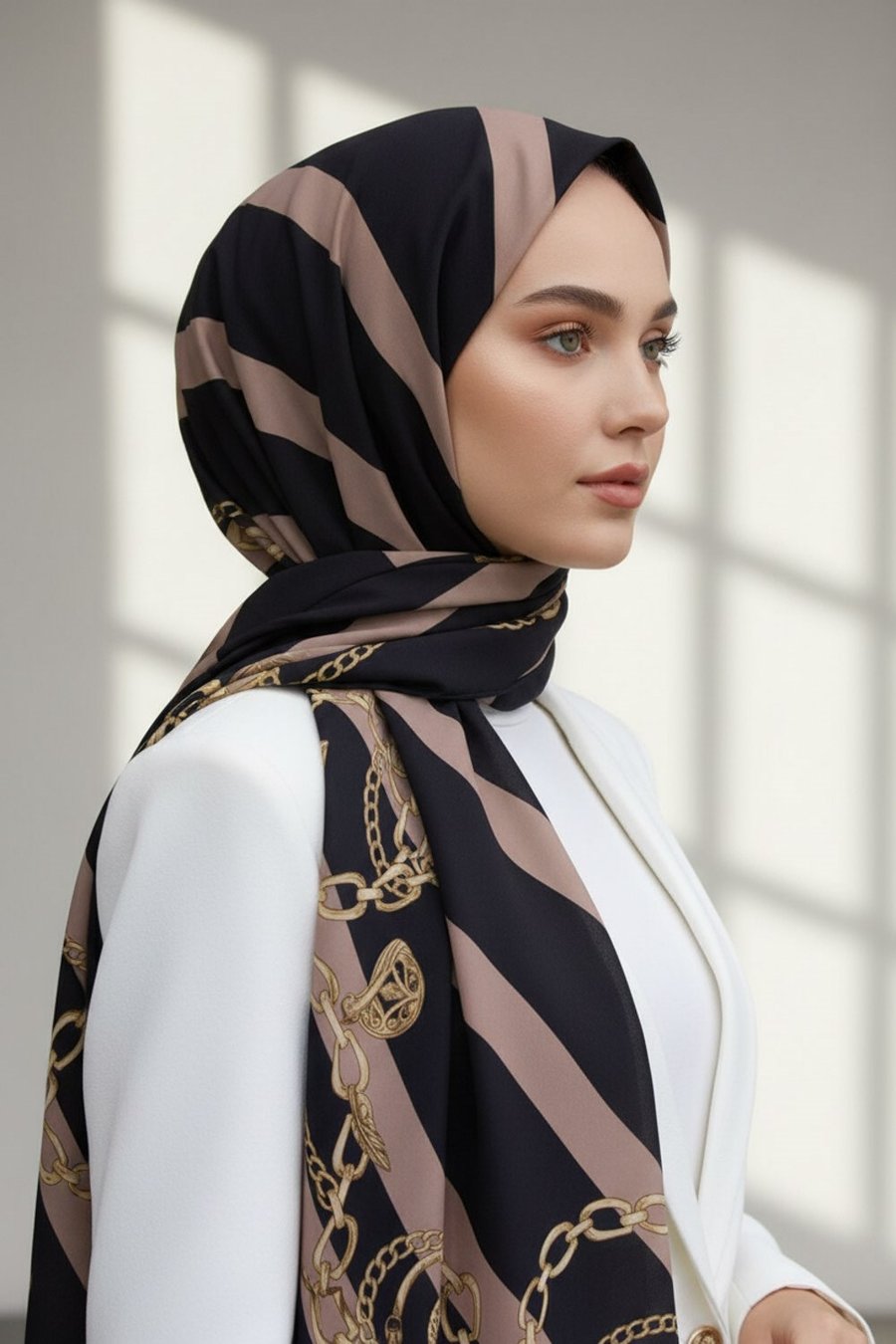 KREP ÇİZGİLİ VE ZİNCİR DESENLİ SİYAH - VİZON RENKLİ 75X195 KIRIŞMAZ ŞAL