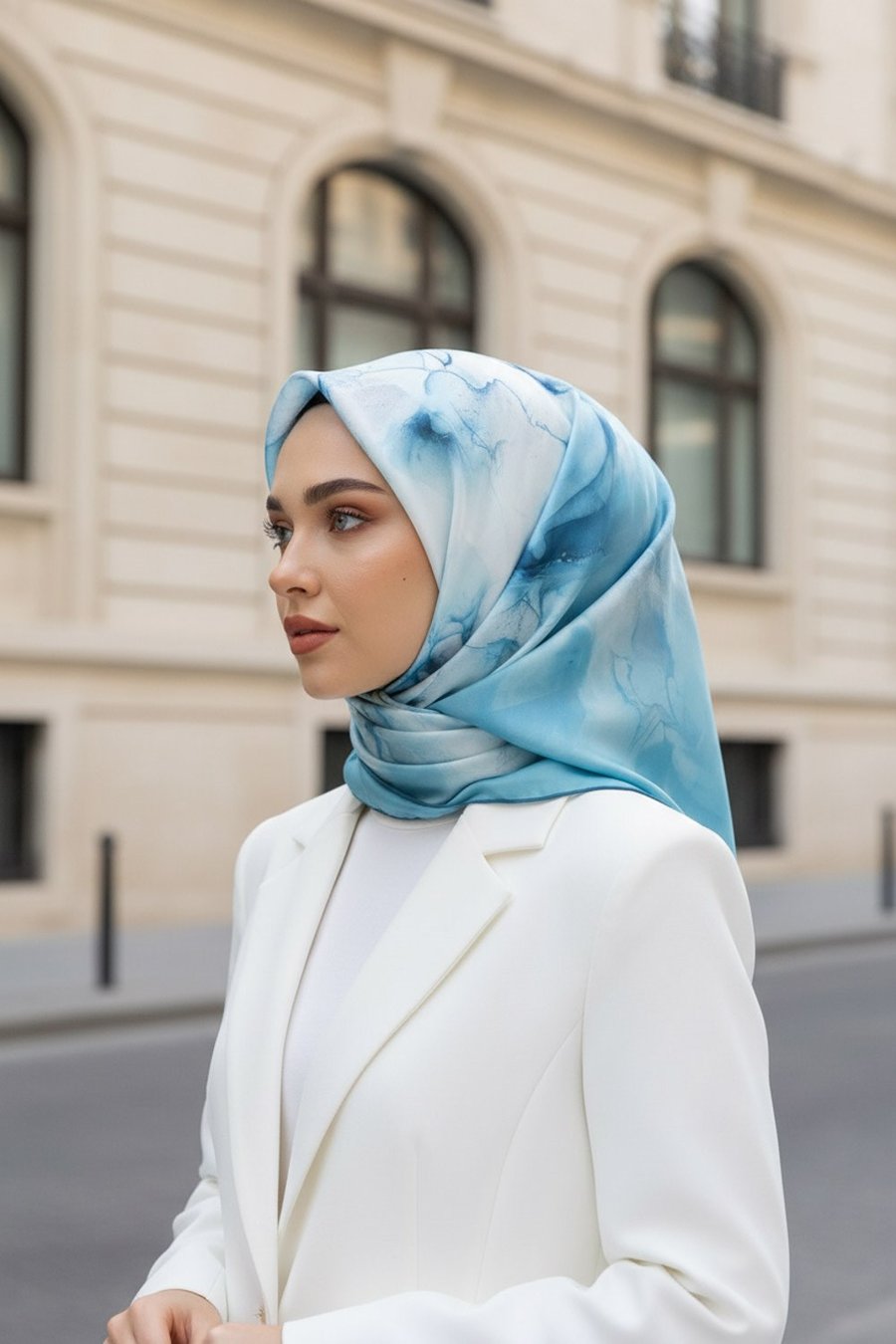 %100 Twill İpek Duman Desenli Bebe Mavisi - Gri Renkli Renkli 90x90 Eşarp Dikim Şekli : El Dikişi