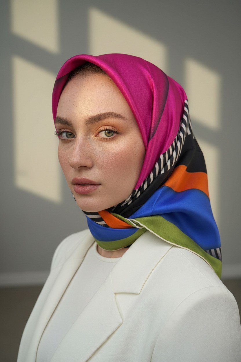 %100 Twill Renk Bloklu Çizgili Desenli Fuşya - Saks Renkli 90x90 Eşarp Dikim Şekli: El Dikişii