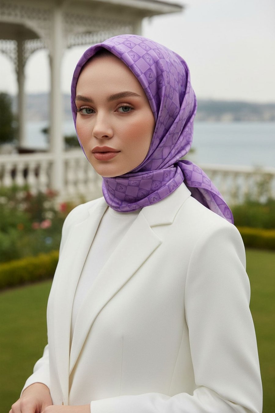 %100 Twill İpek Monogram Desenli Lila Renkli 90x90 Eşarp Dikim Şekli : El Dikişi