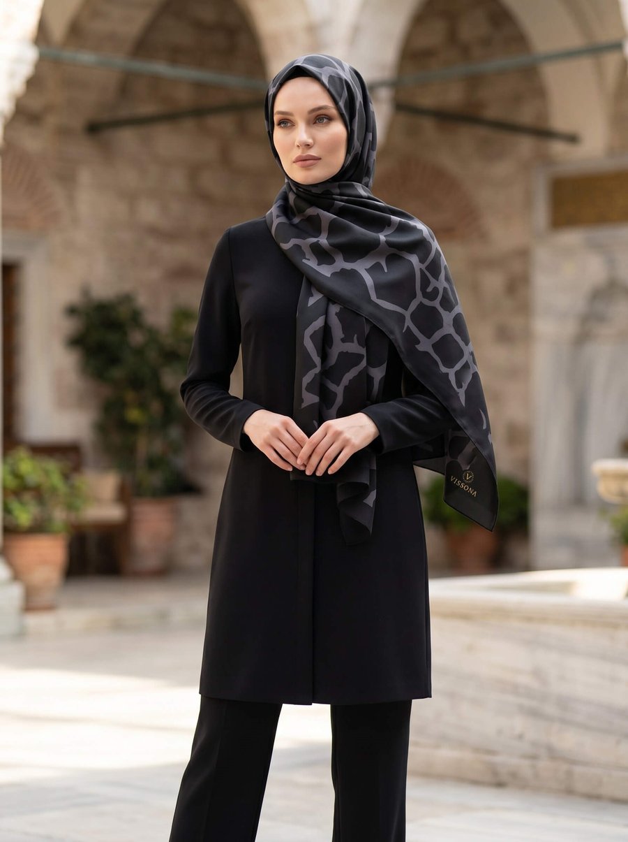 KREP TAŞ DESENLİ SİYAH - FÜME RENKLİ 75X195 KIRIŞMAZ ŞAL