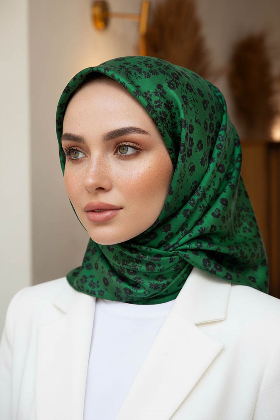 %100 Twill İpek Çıtır Çiçek Desenli Zümrüt Yeşili - Siyah Renkli 90x90 Eşarp Dikim Şekli : El Dikişi