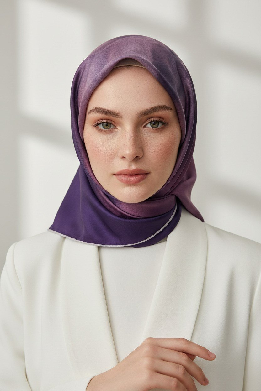 %100 Twill İpek Gül Desenli Gül Kurusu - Mürdüm Renkli 90x90 Eşarp Dikim Şekli : El Dikişi