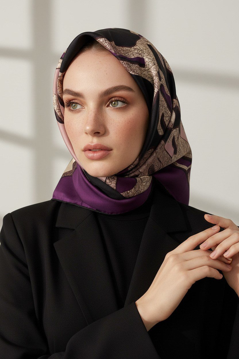 % 57 İPEK % 43 VİSKON Twill İpek Gold Efektli Geometrik Desenli Mürdüm - Siyah Renkli 90x90 Eşarp Dikim Şekli : El Dikişi