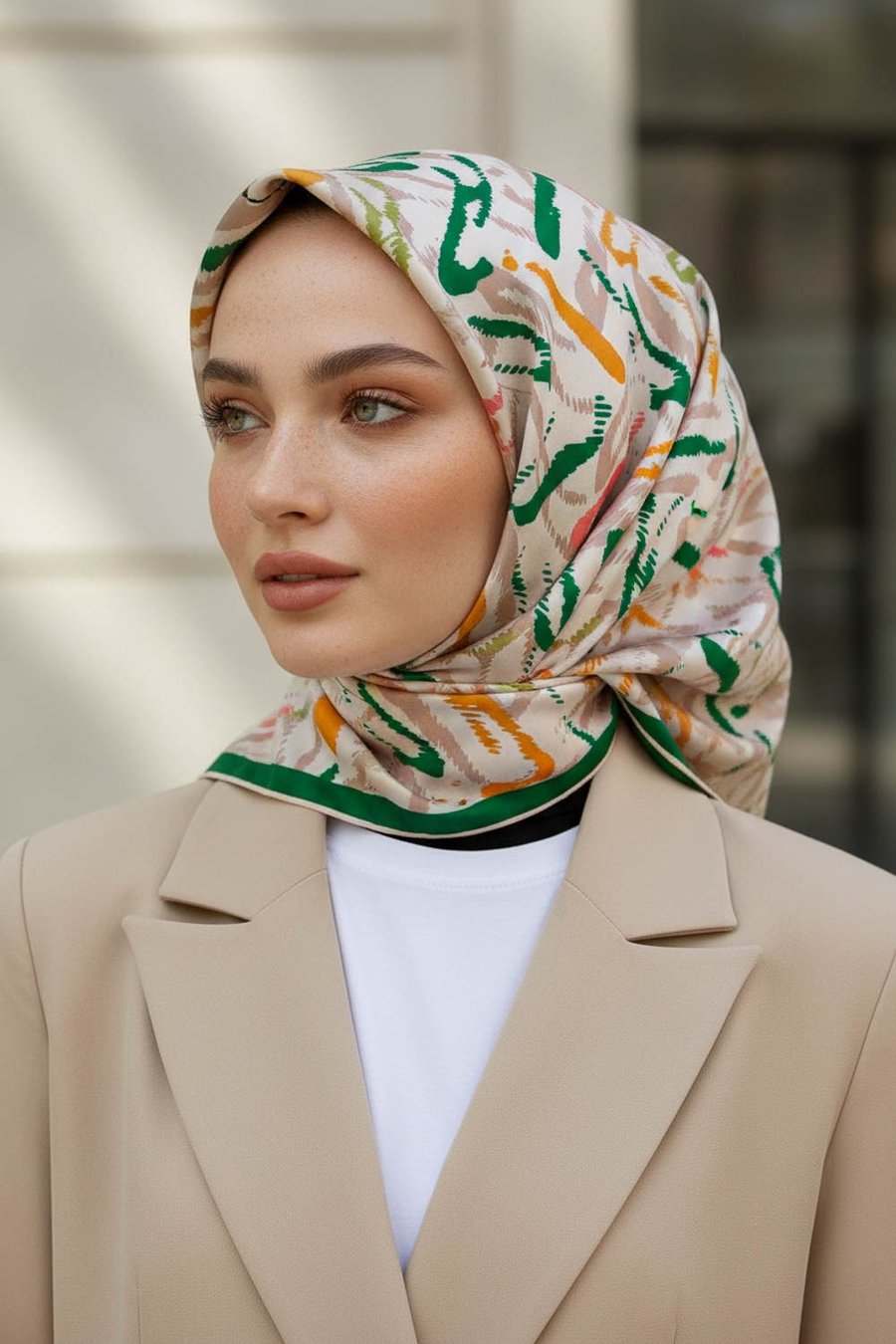 %100 Twill İpek Geometrik Desenli Benetton Yeşili - Sarı Renkli 90x90 Eşarp Dikim Şekli : El Dikişi