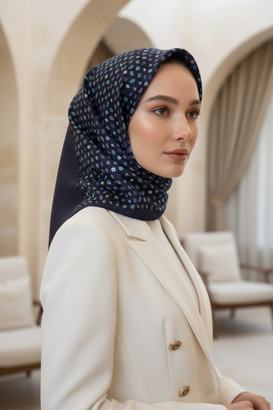 %100 Twill İpek Çıtır Şerit Desenli Lacivert - İndigo Renkli 90x90 Eşarp Dikim Şekli : El Dikişi
