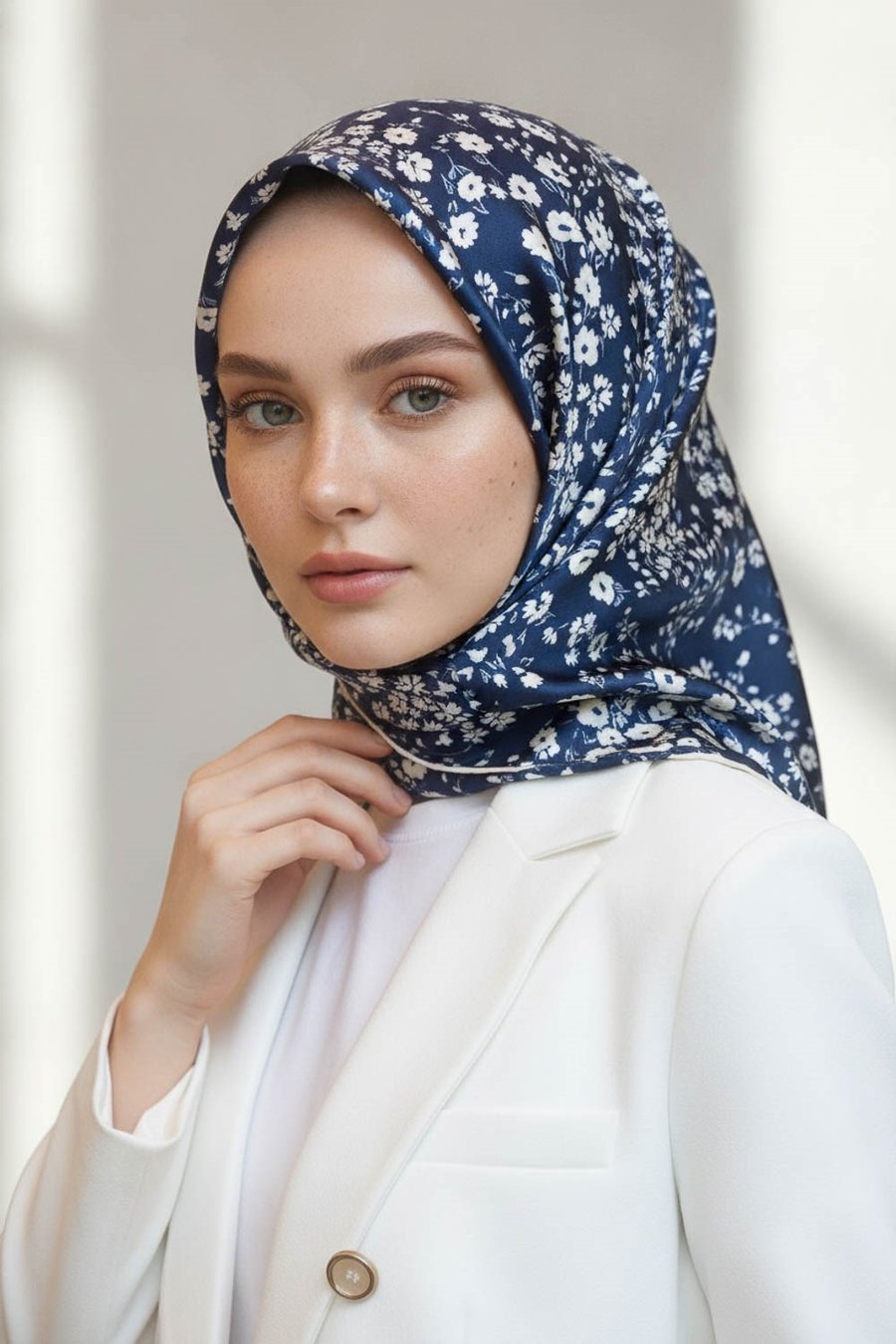 %100 Twill İpek Çıtır Çiçek Desenli Lacivert - Krem Renkli 90x90 Eşarp Dikim Şekli : El Dikişi