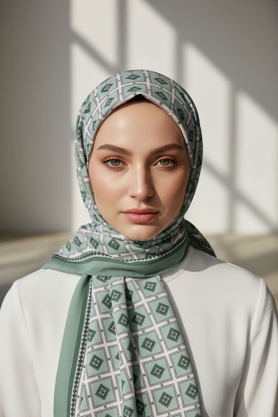 KREP KARE DESENLİ KOYU MİNT RENKLİ 75X195 KIRIŞMAZ ŞAL