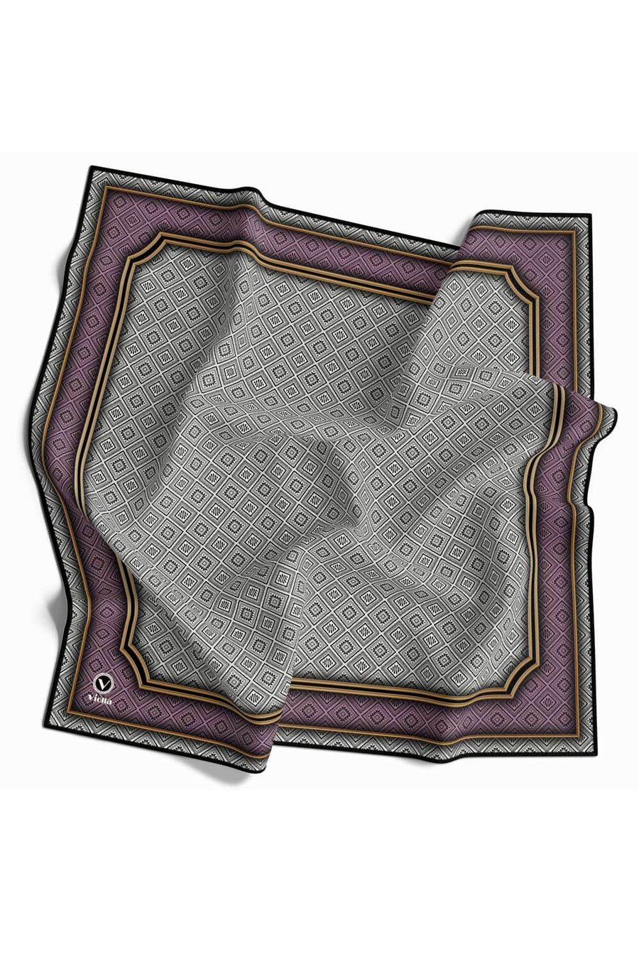 Twill Geometrik Çıtır Desenli Lila Renkli 90x90 Eşarp (İpek İçermez) Kenar Dikiş Şekli El Dikişli