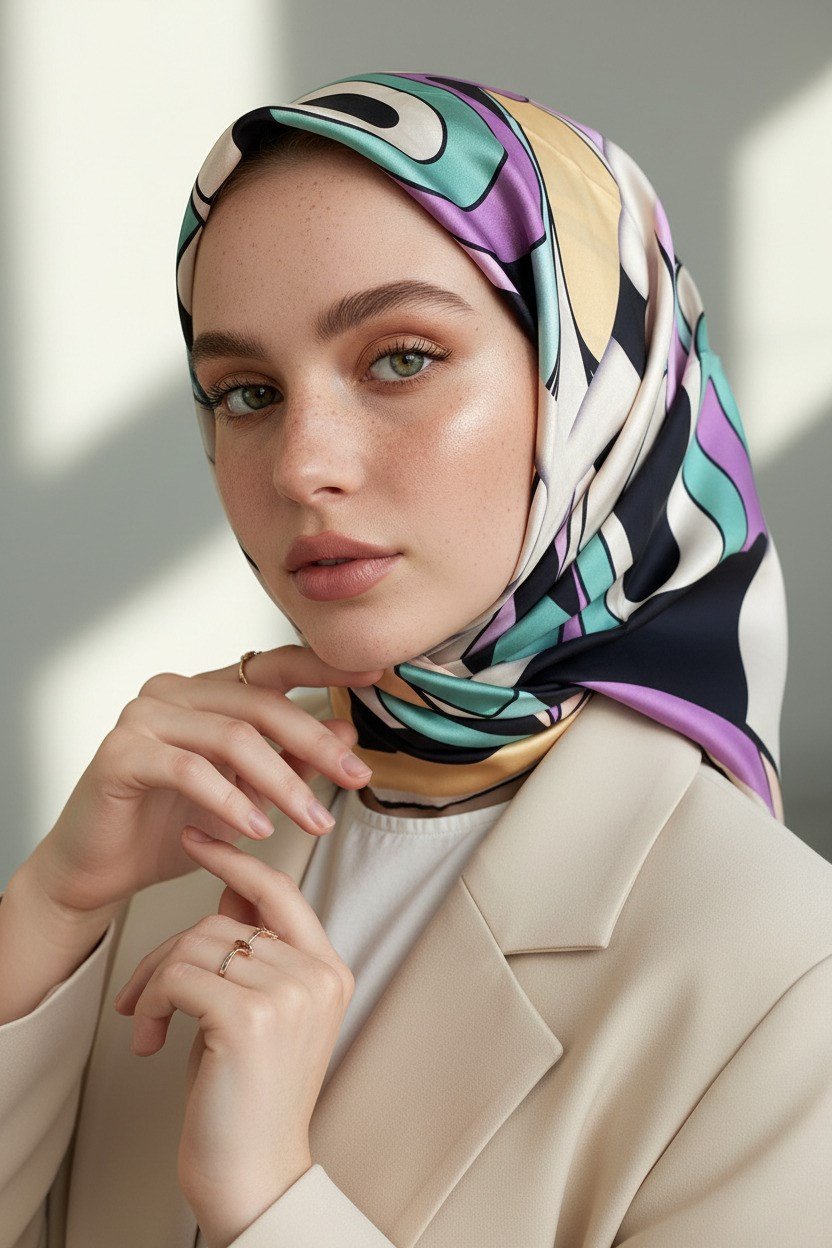 100% Twill İpek Geometrik Desenli Lacivert - Lila Renkli 90x90 Dikim Şekli : El Dikişi Eşarp