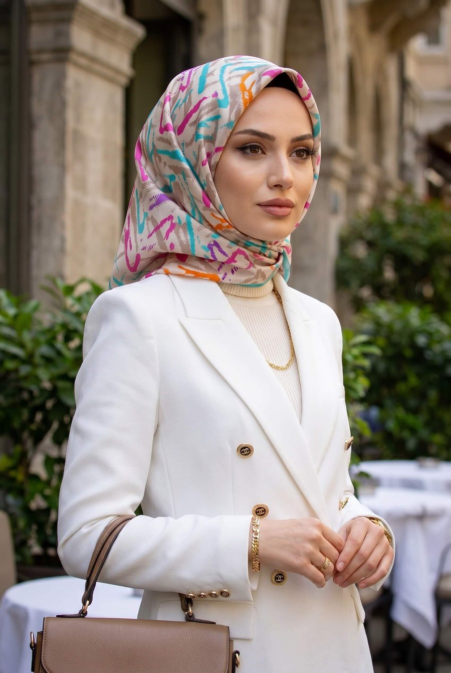%100 Twill İpek Geometrik Desenli Turkuaz - Pembe Renkli 90x90 Eşarp Dikim Şekli : El Dikişi
