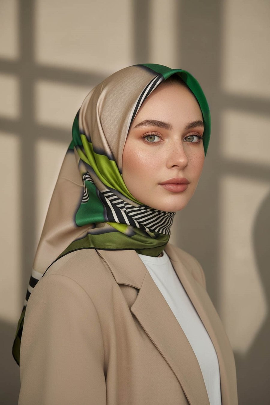 %100 Twill İpek Çizgili ve Geometrik Desenli Zümrüt Yeşili - Haki Renkli 90x90 Eşarp Dikim Şekli : El Dikişi
