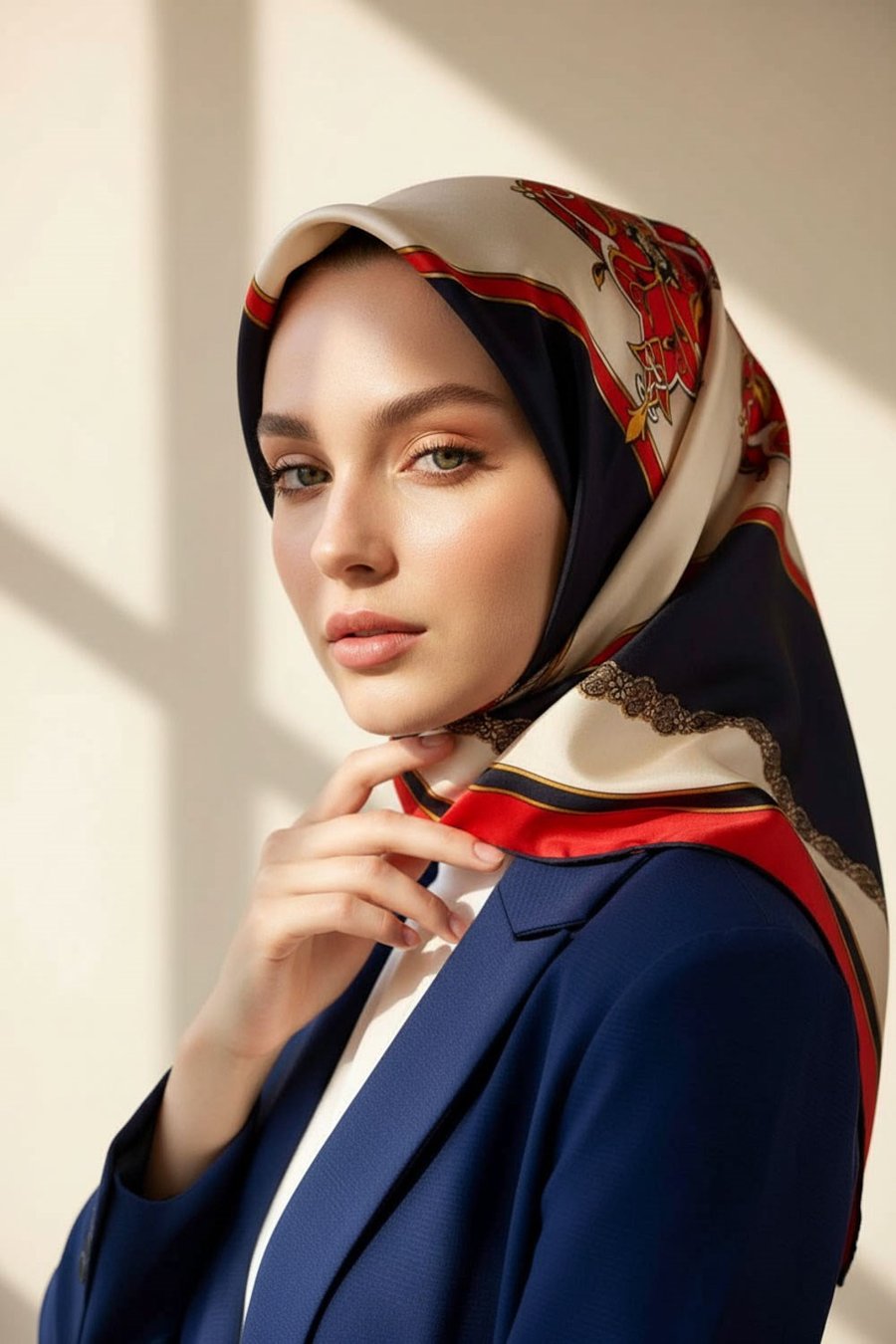 %100 Twill Barok Desenli Kırmızı - Lacivert Renkli 90x90 Eşarp Dikim Şekli: El Dikişi