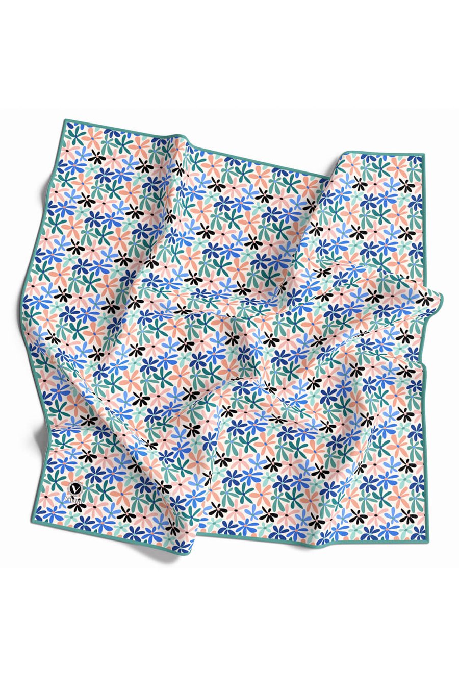 Twill Renkli Çiçek Desenli Buz Mavisi Renkli 90x90 Eşarp (İpek İçermez) Kenar Dikiş Şekli El Dikişli