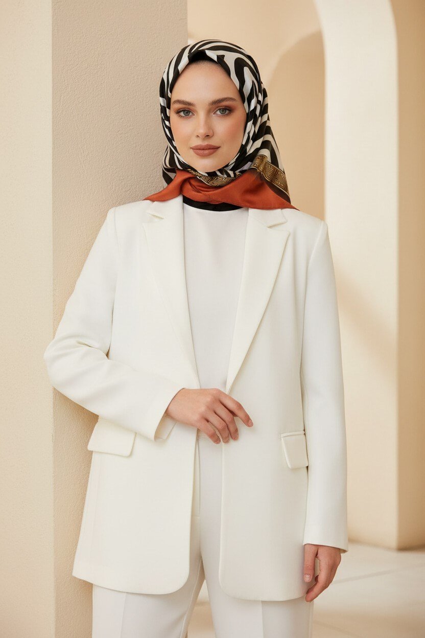 % 57 İPEK % 43 VİSKON Twill İpek Zebra Desenli Taba - Siyah Renkli 90x90 Eşarp Dikim Şekli : El Dikişi