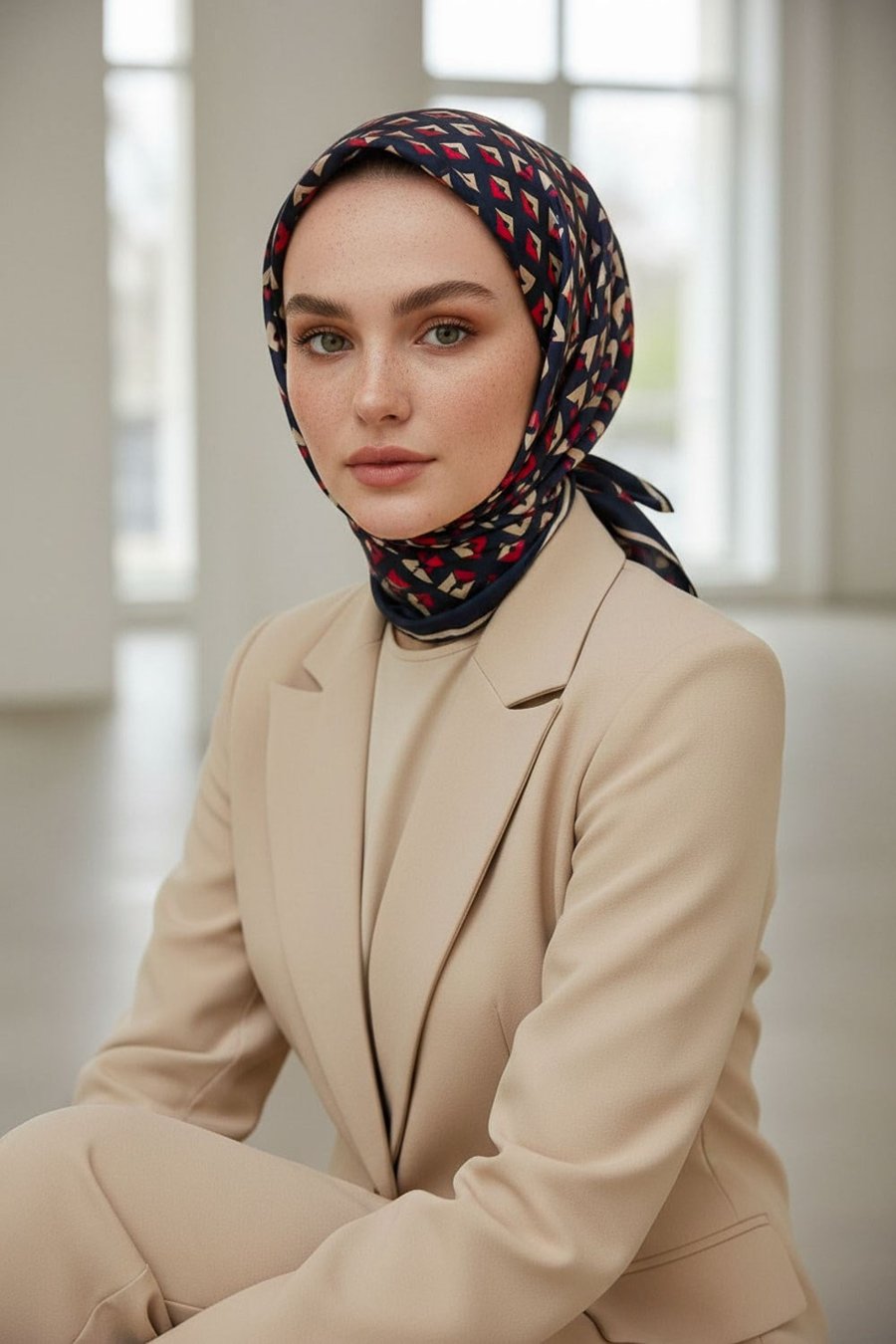 %100 Twill İpek Geometrik Desenli Lacivert - Kırmızı Renkli 90x90 Eşarp Dikim Şekli : El Dikişi