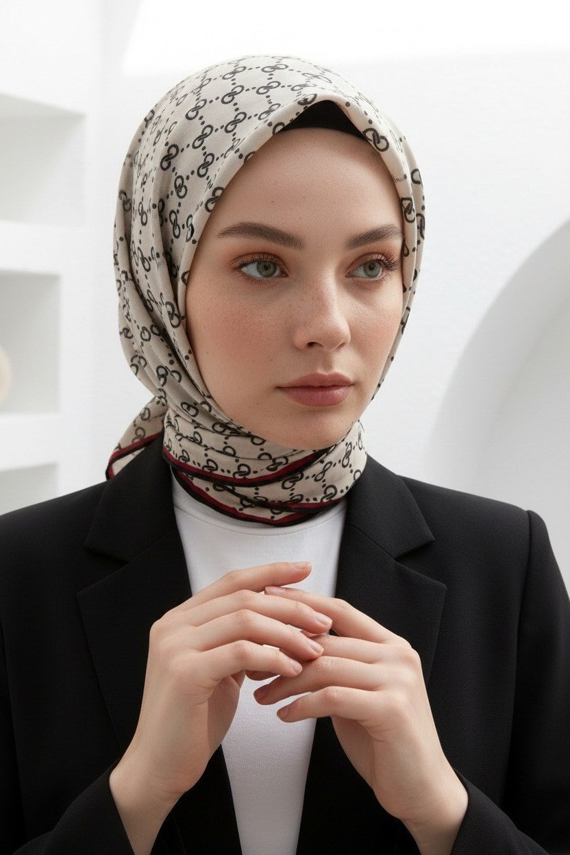 %100 Twill İpek Geometrik Desenli Siyah - Krem Renkli 90x90 Eşarp Dikim Şekli : El Dikişi