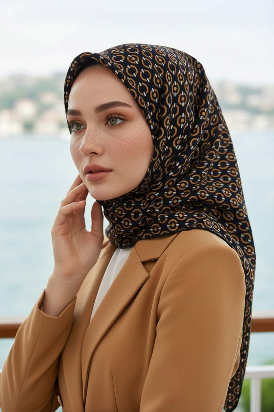 %100 Twill İpek Zincir Desenli Siyah - Gold Renkli 90x90 Eşarp Kenar Dikiş Şekli El Dikişli