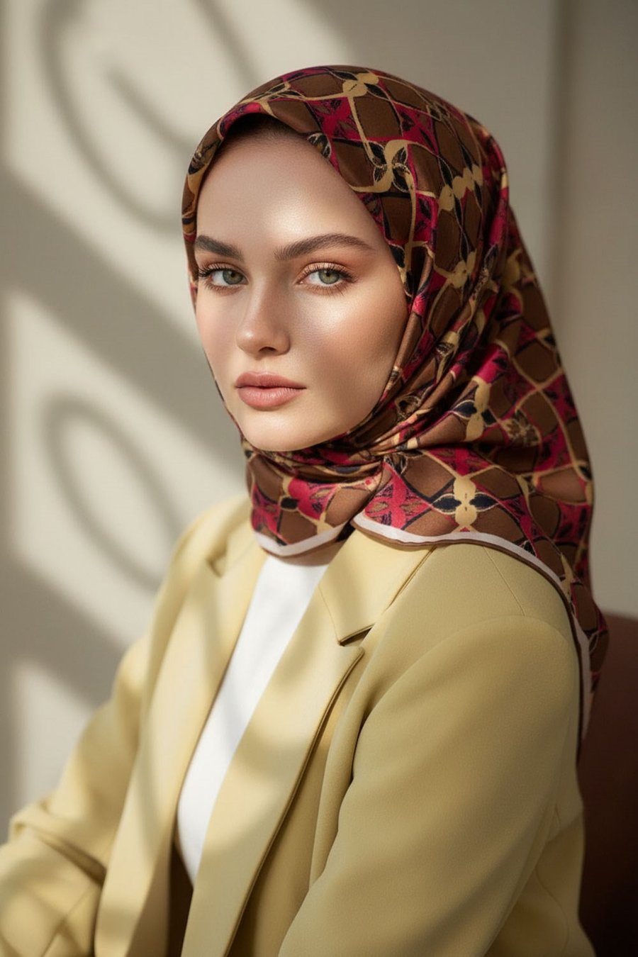 %100 Twill İpek Geometrik Desenli Kahverengi - Kırmızı Renkli 90x90 Eşarp Dikim Şekli : El Dikişi