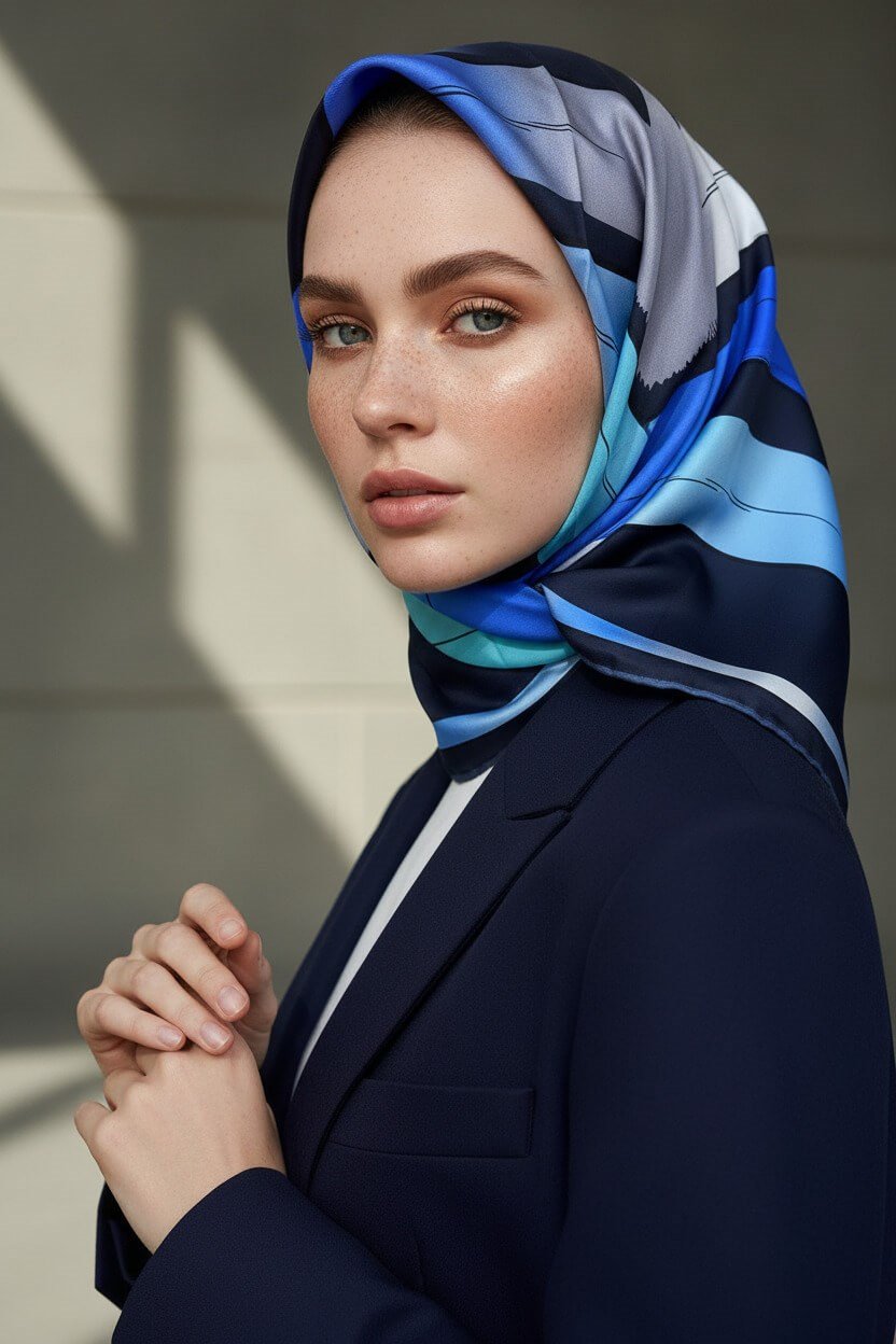 %57 İPEK %43 VİSKON Twill İpek Geometrik Fırça İzi Desenli Lacivert - Saks Renkli 90x90 Eşarp Dikim Şekli : El Dikişi