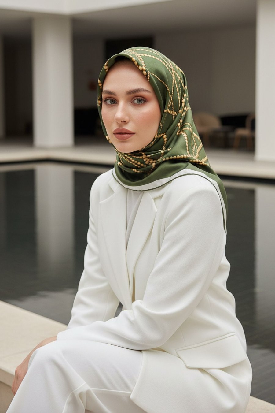 %100 Twill İpek İnci Desenli Haki Renkli 90x90 Eşarp Kenar Dikiş Şekli : El Dikişli