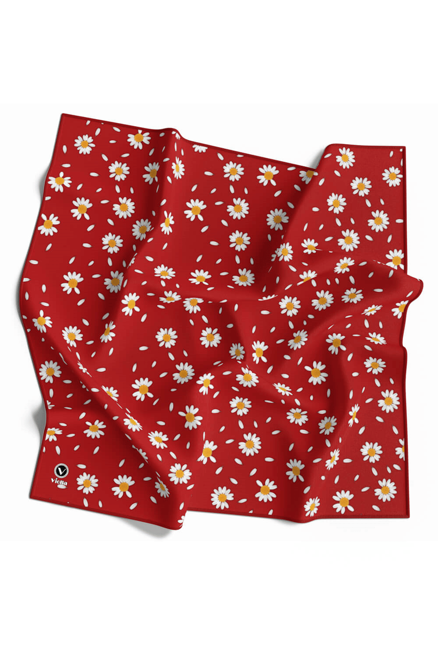 Twill Papatya Desenli Kırmızı Renkli 90x90 Eşarp (İpek İçermez) Kenar Dikiş Şekli El Dikişli