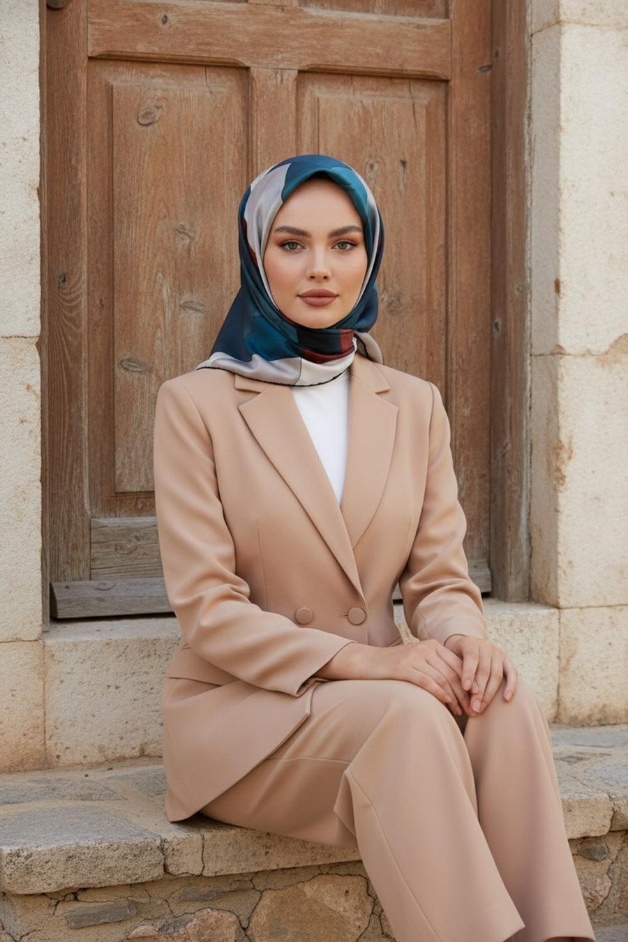 %100 Twill İpek Geometrik Desenli Taba - Petrol Mavisi Renkli 90x90 Eşarp Dikim Şekli : El Dikişi