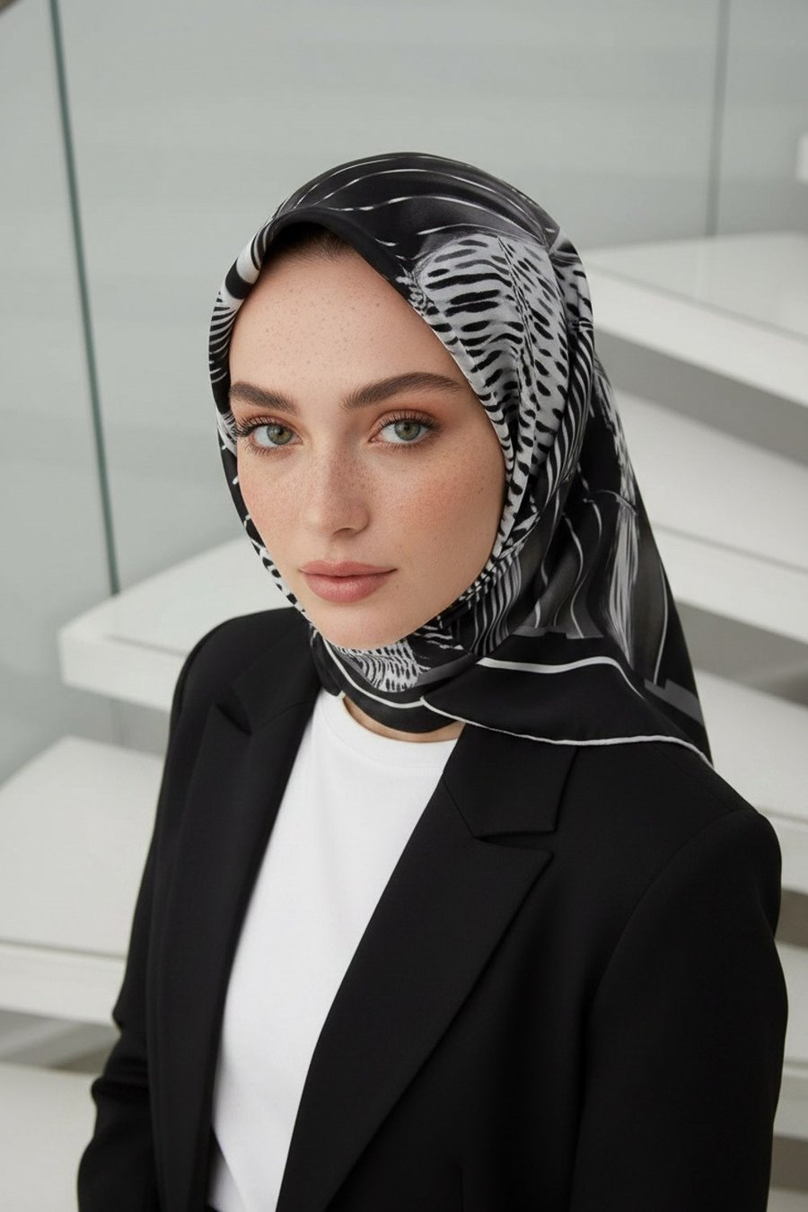 %100 Twill İpek Geometrik Desenli Siyah - Beyaz Renkli 90x90 Eşarp Dikim Şekli : El Dikişi
