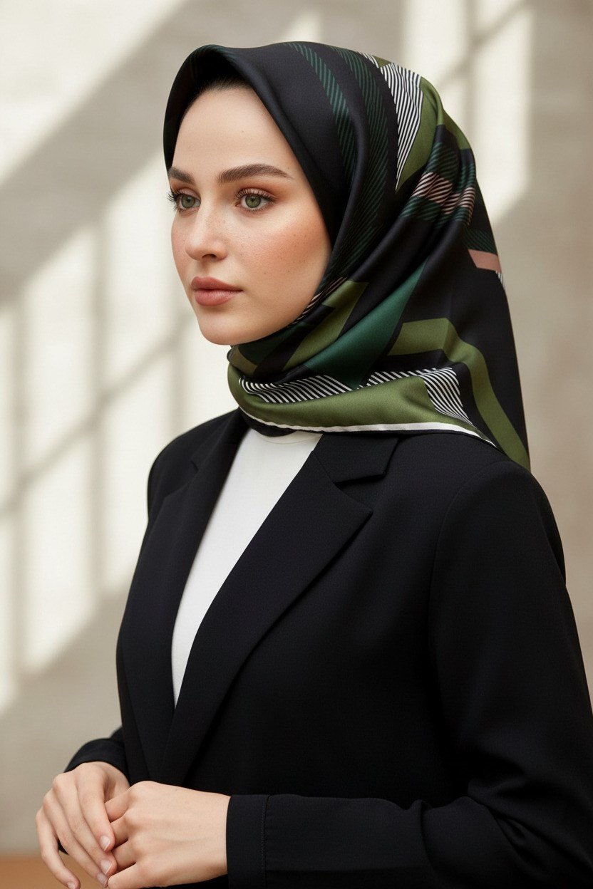 % 57 İPEK % 43 VİSKON Twill İpek Geometrik Desenli Haki - Siyah Renkli 90x90 Eşarp Dikim Şekli : El Dikişi