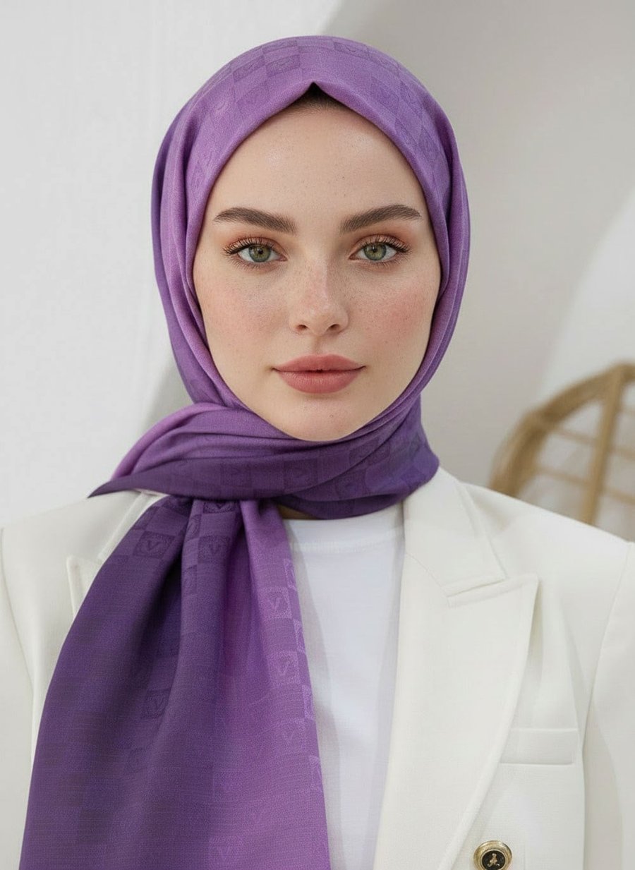 Vissona %57 İPEK %43 PAMUK Degrade Desenli Lila Renkli Şal -  70x190 Dikiş Tipi İtalyan Dikişli