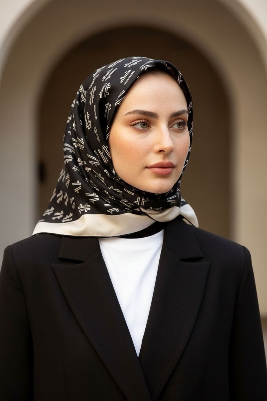 % 57 İPEK % 43 VİSKON Twill İpek Geometrik Desenli Siyah - Krem Renkli 90x90 Eşarp Dikim Şekli : El Dikişi