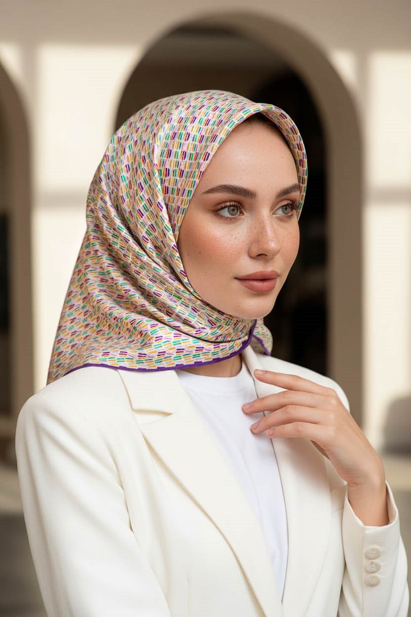 %100 Twill İpek Çizgi Desenli Mor Renkli 90x90 Eşarp Dikim Şekli : El Dikişi