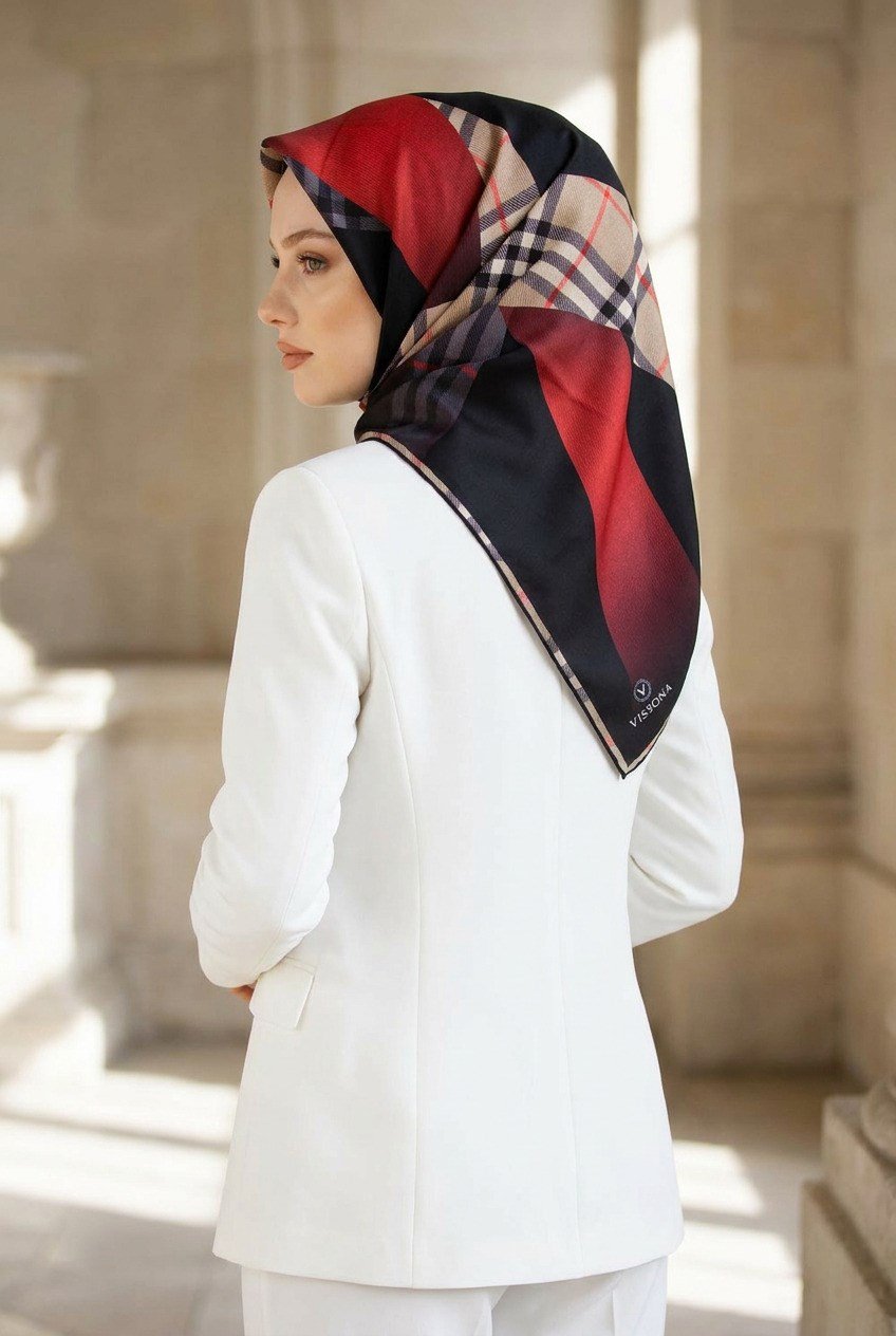 %100 Twill İpek Ekose Desenli Kırmızı - Siyah Renkli 90x90 Eşarp Dikim Şekli : El Dikişi