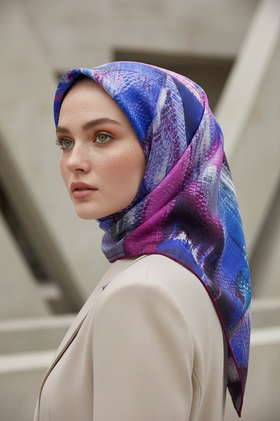 %100 Twill İpek Efektli ve Geometrik Desenli Mürdüm - Saks Renkli 90x90 Eşarp Dikim Şekli : El Dikişi