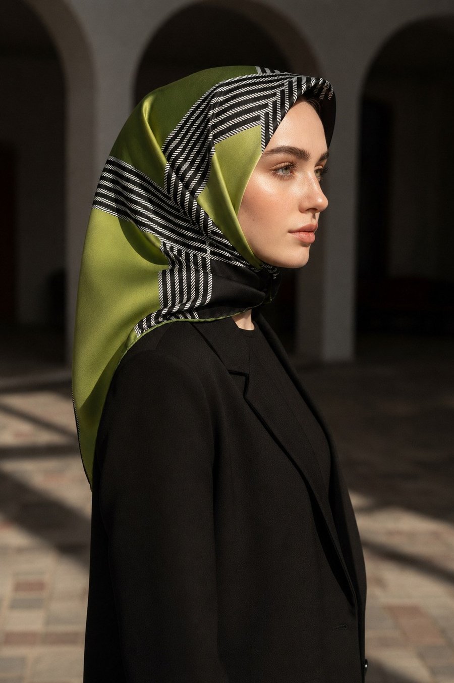 % 57 İPEK % 43 VİSKON Twill İpek Geometrik Desenli Haki Renkli 90x90 Eşarp Dikim Şekli : El Dikişi