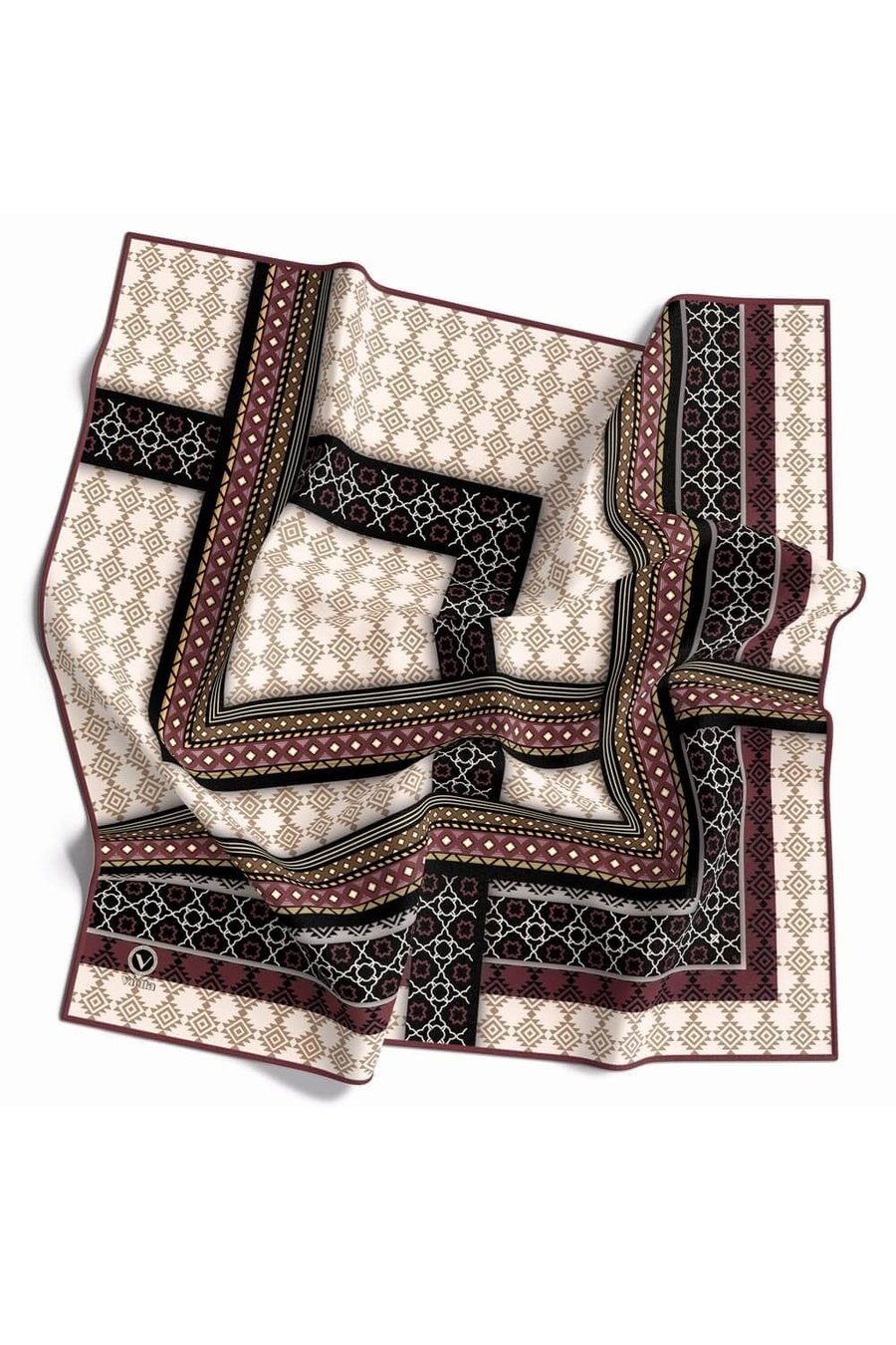 Twill Etnik Desenli Gül Kurusu Renkli 90x90 Eşarp (İpek İçermez) Kenar Dikiş Şekli El Dikişli