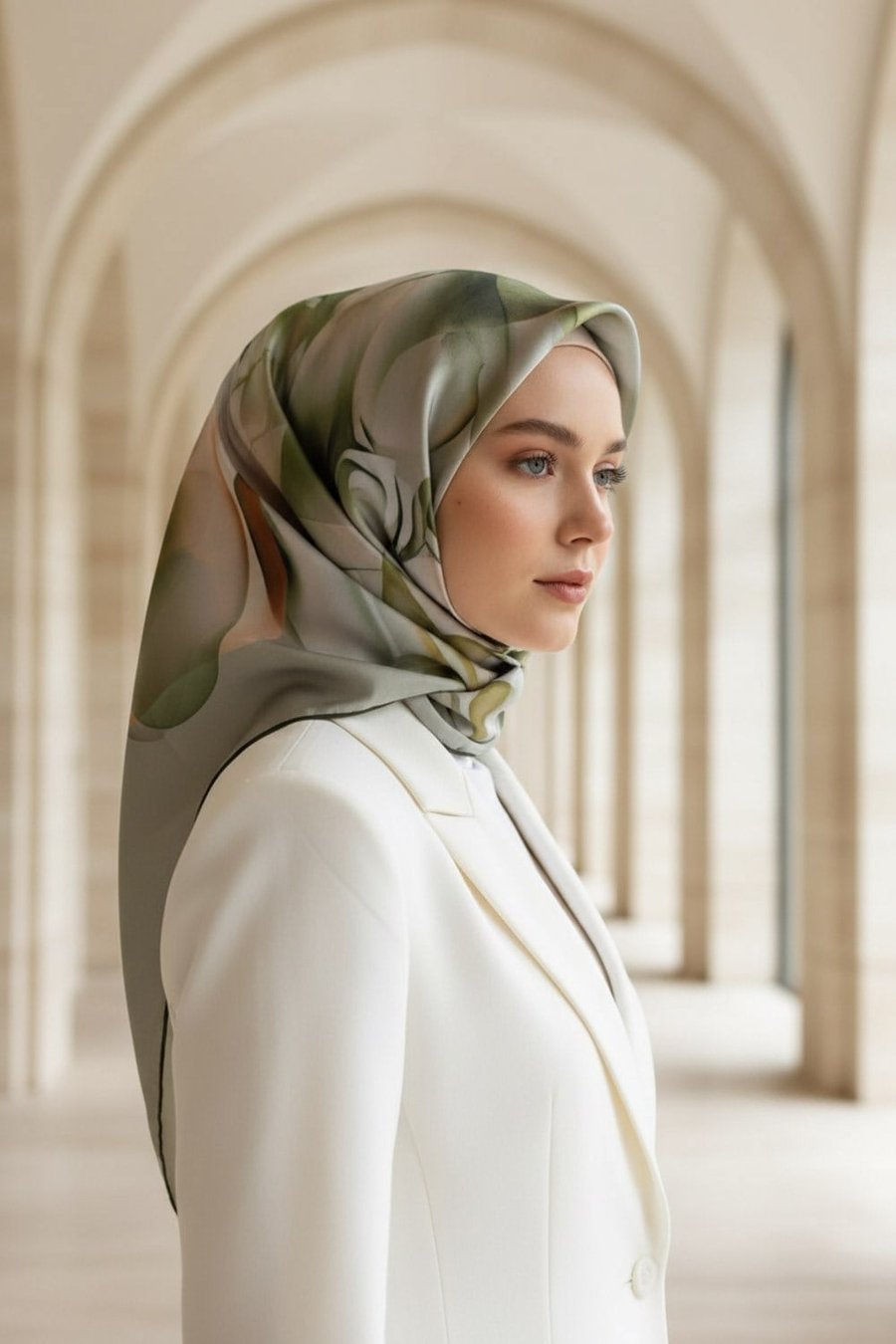 %100 Twill İpek Büyük Çiçek Desenli Haki - Somon Renkli 90x90 Eşarp Dikim Şekli : El Dikişi