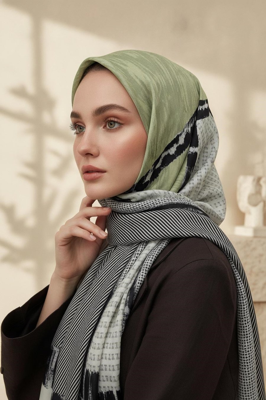 %100 Saf İpek Şal İnce Saten Vual Dokuma Patchwork Desenli Siyah - Fıstık Yeşili Renkli 90x210 Şal