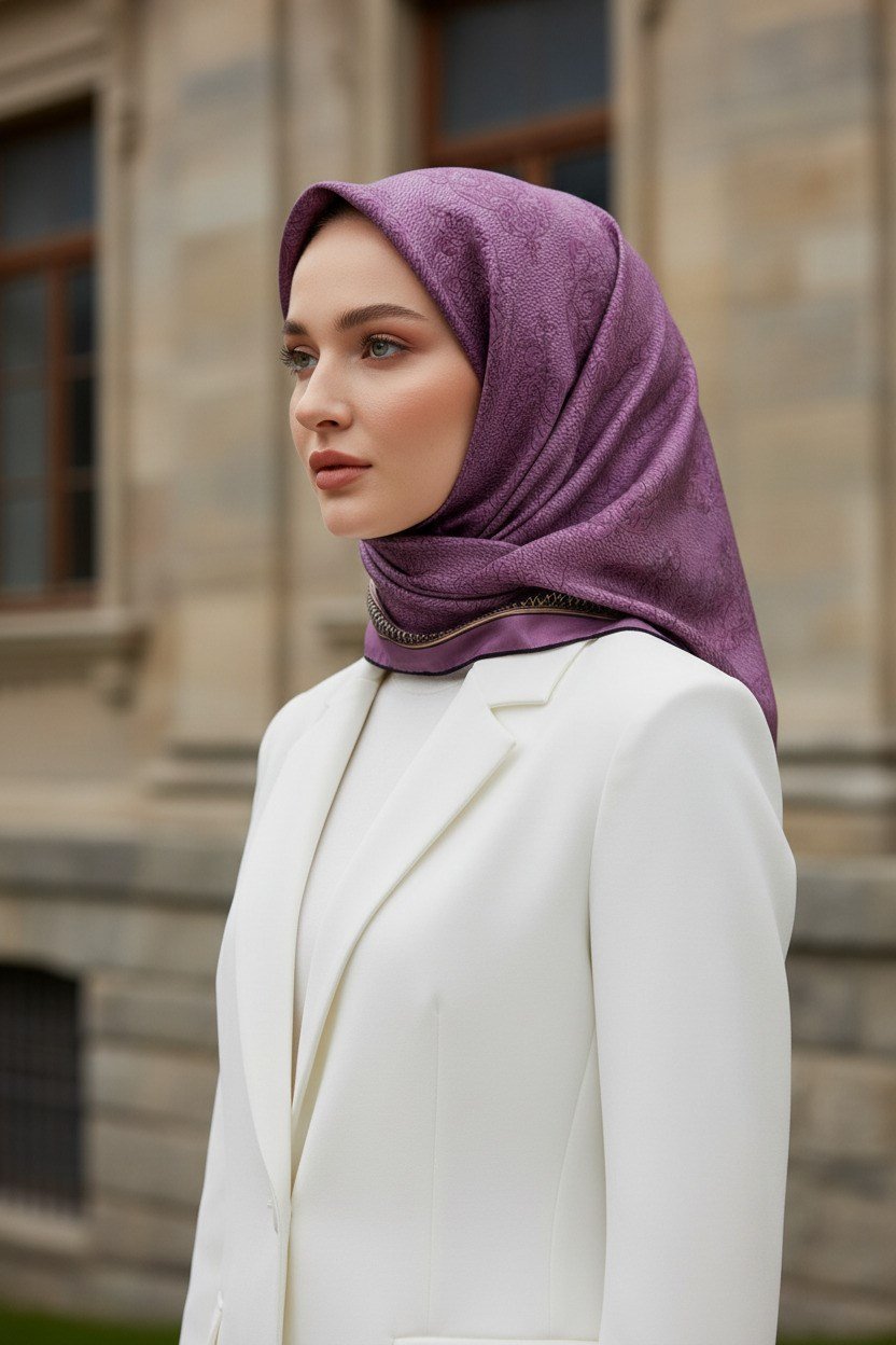 % 57 İPEK % 43 VİSKON Twill Barok Desenli Lila Renkli 90x90 Eşarp Dikim Şekli: El Dikişi