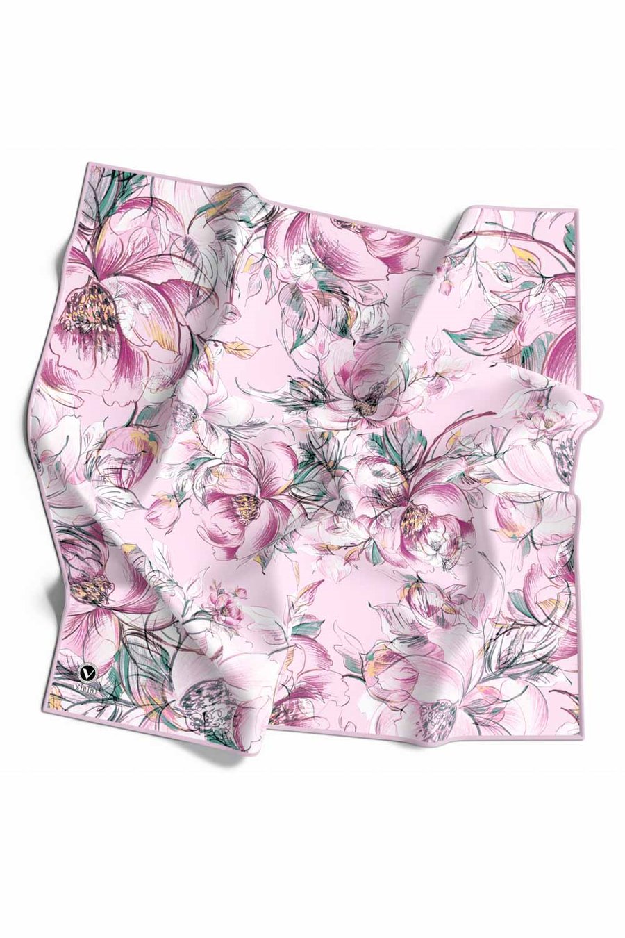 Rayon Güllerin İçinden Desenli Pembe Renkli 90x90 Eşarp (İpek İçermez) Kenar Dikiş Şekli El Dikişli