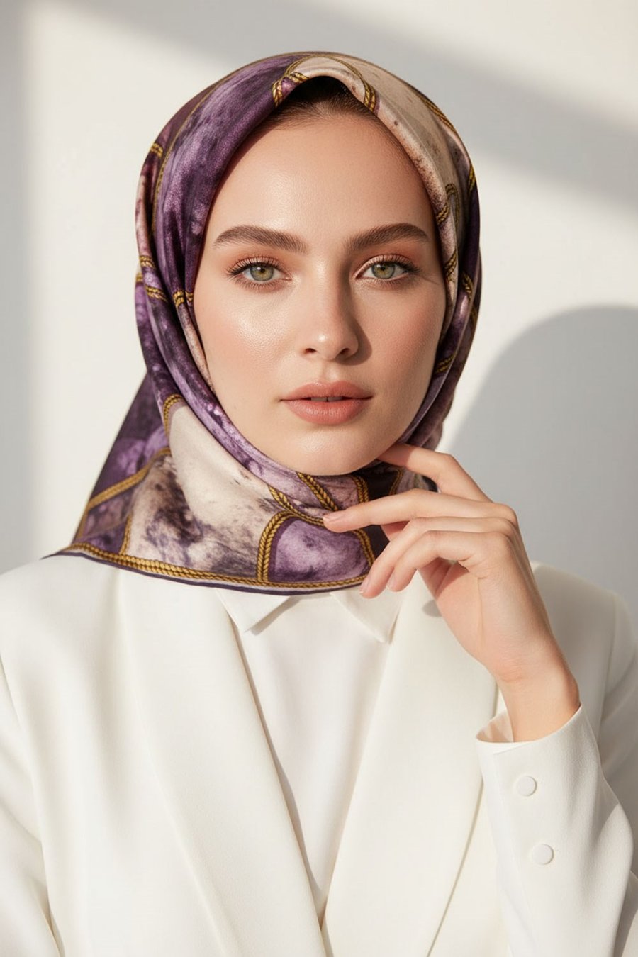 % 57 İPEK % 43 VİSKON Twill İpek Zincirli Mermer Desenli Mor - Pudra Renkli 90x90 Eşarp Dikim Şekli : El Dikişi