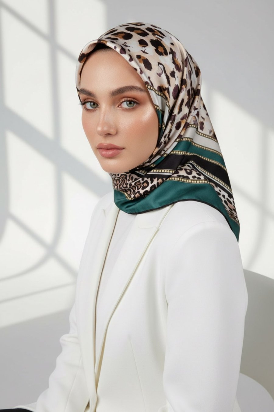 Twill Kemerli ve Leopar Desenli Petrol Yeşili Renkli 90x90 Eşarp (İpek İçermez) Dikim Şekli : El Dikişi